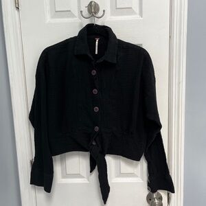 Free People Black Cotton Gauze Button Front Tie Hem Shirt Top XS Boho Casual